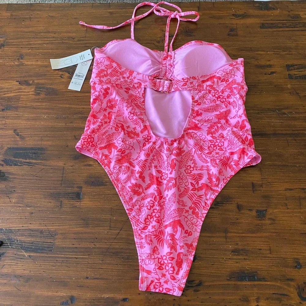 No Boundaries Pink Tropical Cheeky High Leg One Piece Swimsuit L 12-14 NWT